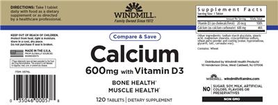 Windmill Calcium 600 mg with Vitamin D3 source label used in the packaging illustration