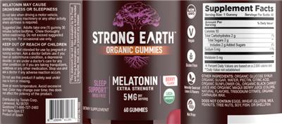 Strong Earth Melatonin Extra Strength 5 mg Berry Flavor source label used in the packaging illustration