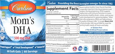 Carlson Mom's DHA 500 mg source label used in the packaging illustration