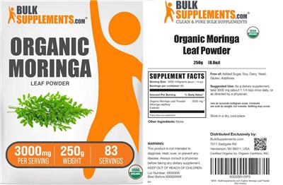 BulkSupplements.com Organic Moringa Leaf Powder 3000 mg product packaging