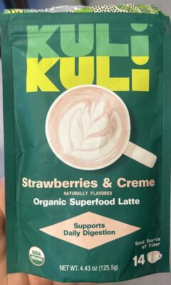 Kuli Kuli Organic Superfood Latte Strawberries & Creme source label used in the packaging illustration