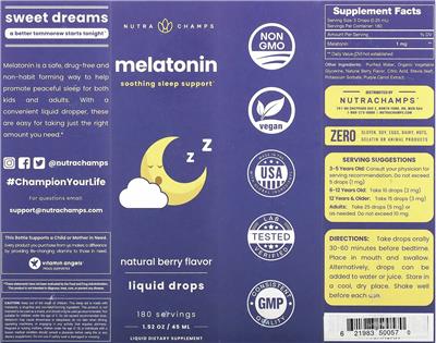 NutraChamps Melatonin Liquid Drops Natural Berry Flavor source label used in the packaging illustration