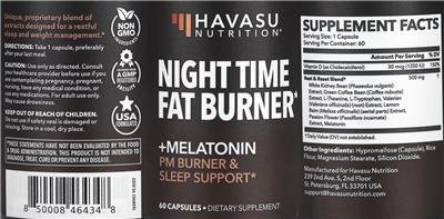 Havasu Nutrition Night Time Fat Burner source label used in the packaging illustration