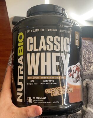 NutraBio Classic Whey Chocolate Milkshake source label used in the packaging illustration