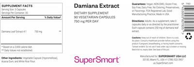 SuperSmart Damiana Extract 750 mg source label used in the packaging illustration