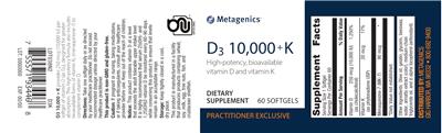 Metagenics D3 10000 + K source label used in the packaging illustration