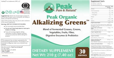 Peak Pure & Natural Peak Organic Alkalizing Greens source label used in the packaging illustration