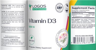 Logos Nutritionals Vitamin D3 5000 IU source label used in the packaging illustration