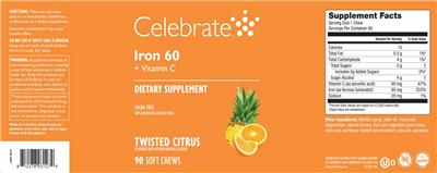 Celebrate Iron 60 + Vitamin C Twisted Citrus source label used in the packaging illustration