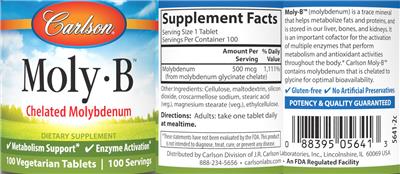 Carlson Moly-B source label used in the packaging illustration