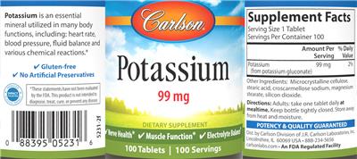 Carlson Potassium 99 mg source label used in the packaging illustration