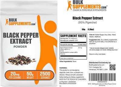 BulkSupplements.com Black Pepper Extract Powder 20 mg source label used in the packaging illustration