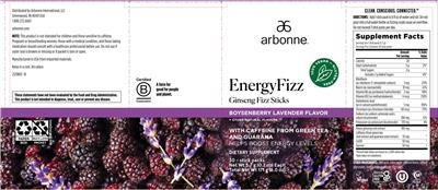 Arbonne EnergyFizz Boysenberry Lavender Flavor source label used in the packaging illustration