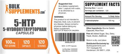BulkSupplements.com 5-HTP Capsules 100 mg source label used in the packaging illustration