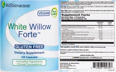Nutra BioGenesis White Willow Forte source label used in the packaging illustration
