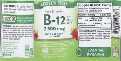 Nature's Truth Fast Dissolve B-12 2500 mg plus Folic Acid Natural Berry Flavor source label used in the packaging illustration