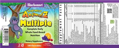 Bluebonnet Rainforest Animalz Multiple Assorted Fruit Flavors source label used in the packaging illustration