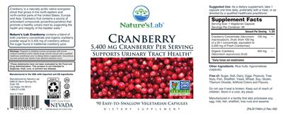 Nature's Lab Cranberry 5400 mg source label used in the packaging illustration