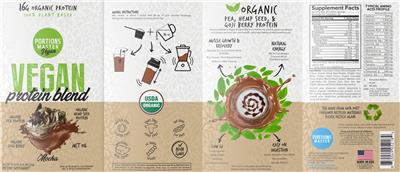 Portions Master Vegan Vegan Protein Blend Mocha source label used in the packaging illustration