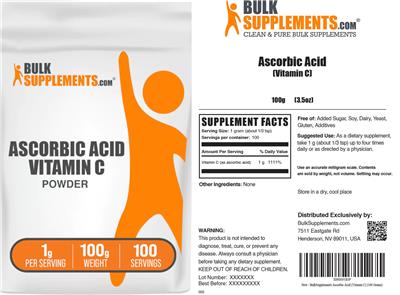 BulkSupplements.com Ascorbic Acid Powder 1 g source label used in the packaging illustration