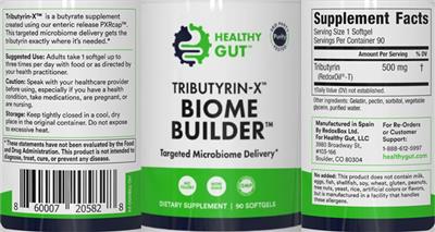 Healthy Gut Tributyrin-X Biome Builder source label used in the packaging illustration