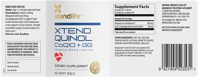 Xtendlife Xtend Quinol CoQ10 + GG source label used in the packaging illustration