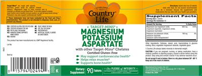 Country Life Target-Mins Magnesium Potassium Aspartate source label used in the packaging illustration