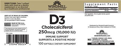 Windmill D3 Cholecalciferol 250 mcg (10000 IU) source label used in the packaging illustration