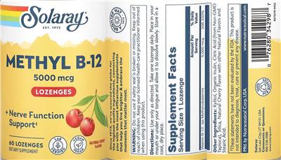 Solaray Methyl B-12 Lozenges 5000 mcg Natural Cherry Flavor product packaging