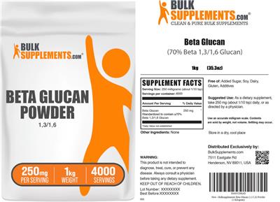 BulkSupplements.com Beta Glucan Powder 250 mg source label used in the packaging illustration