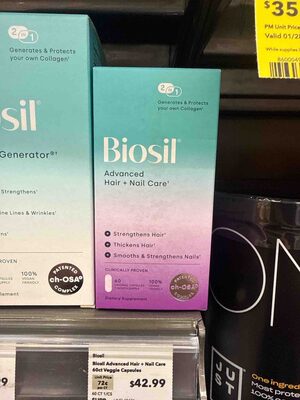 Biosil Advanced Hair + Nail Care source label used in the packaging illustration