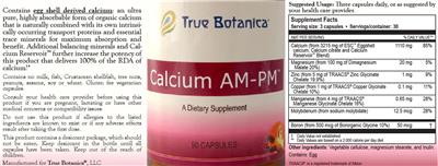 True Botanica Calcium AM-PM source label used in the packaging illustration