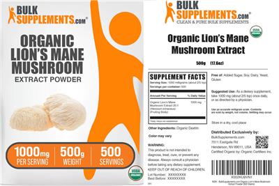 BulkSupplements.com Organic Lion's Mane Mushroom Extract Powder 1000 mg product packaging