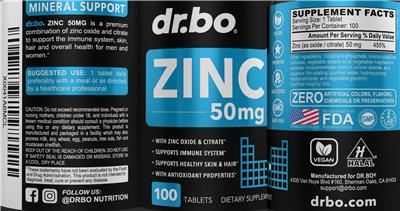 dr.bo Zinc 50 mg source label used in the packaging illustration
