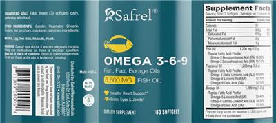 Safrel Omega 3-6-9 3600 mg source label used in the packaging illustration