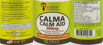 Sunshine Naturals Calm Aid 500 mg source label used in the packaging illustration