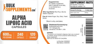 BulkSupplements.com Alpha Lipoic Acid 600 mg source label used in the packaging illustration