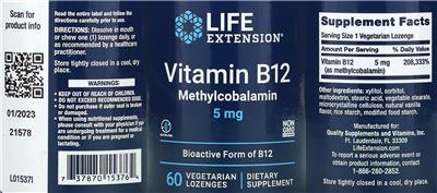 Life Extension Vitamin B12 Methylcobalamin 5 mg product packaging