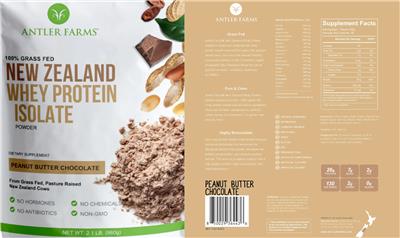 Antler Farms New Zealand Whey Protein Isolate Peanut Butter Chocolate source label used in the packaging illustration
