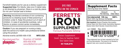 Pharmics Ferrets Iron Supplement 325 mg source label used in the packaging illustration