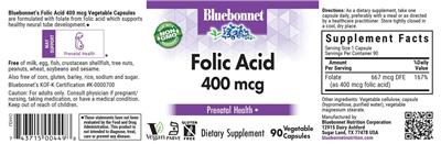 Bluebonnet Folic Acid 400 mcg source label used in the packaging illustration