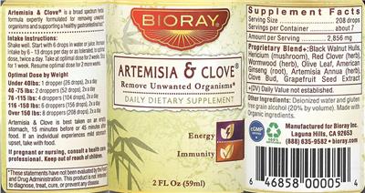 Bioray Artemisia & Clove source label used in the packaging illustration