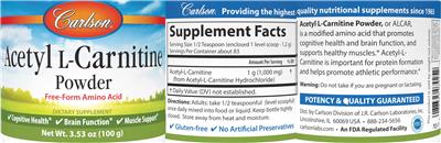Carlson Acetyl L-Carnitine Powder source label used in the packaging illustration