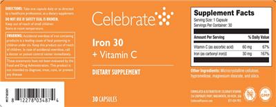 Celebrate Iron 30 + Vitamin C source label used in the packaging illustration