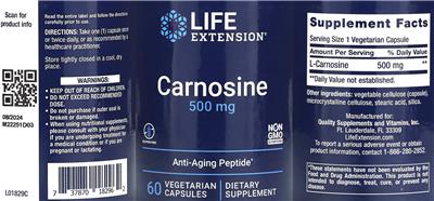 Life Extension Carnosine 500 mg source label used in the packaging illustration