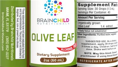 Brainchild Nutritionals Olive Leaf Alcohol Free source label used in the packaging illustration