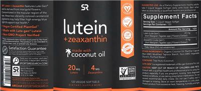 SR Sports Research Lutein + Zeaxanthin source label used in the packaging illustration
