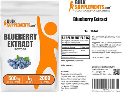 BulkSupplements.com Blueberry Extract Powder 500 mg source label used in the packaging illustration