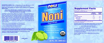 NOW Certified Organic Noni SuperFruit source label used in the packaging illustration