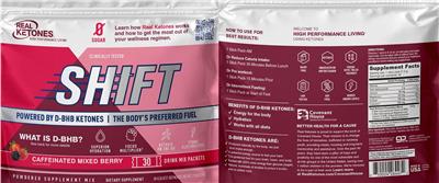 Real Ketones Shift Caffeinated Mixed Berry source label used in the packaging illustration